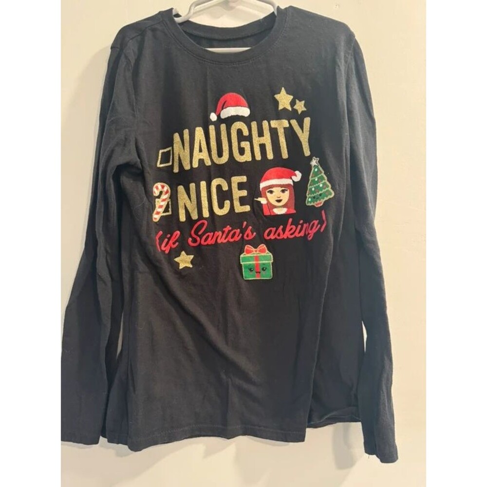 Girls Black Christmas Naughty or Nice Shirt-Size L(10/12)